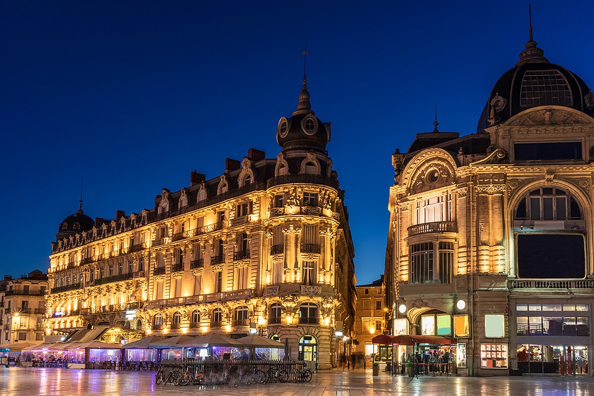 Night view of the Place de la Comedie in Montpellier, France Night view of the Place de la Comedie in Montpellier, France