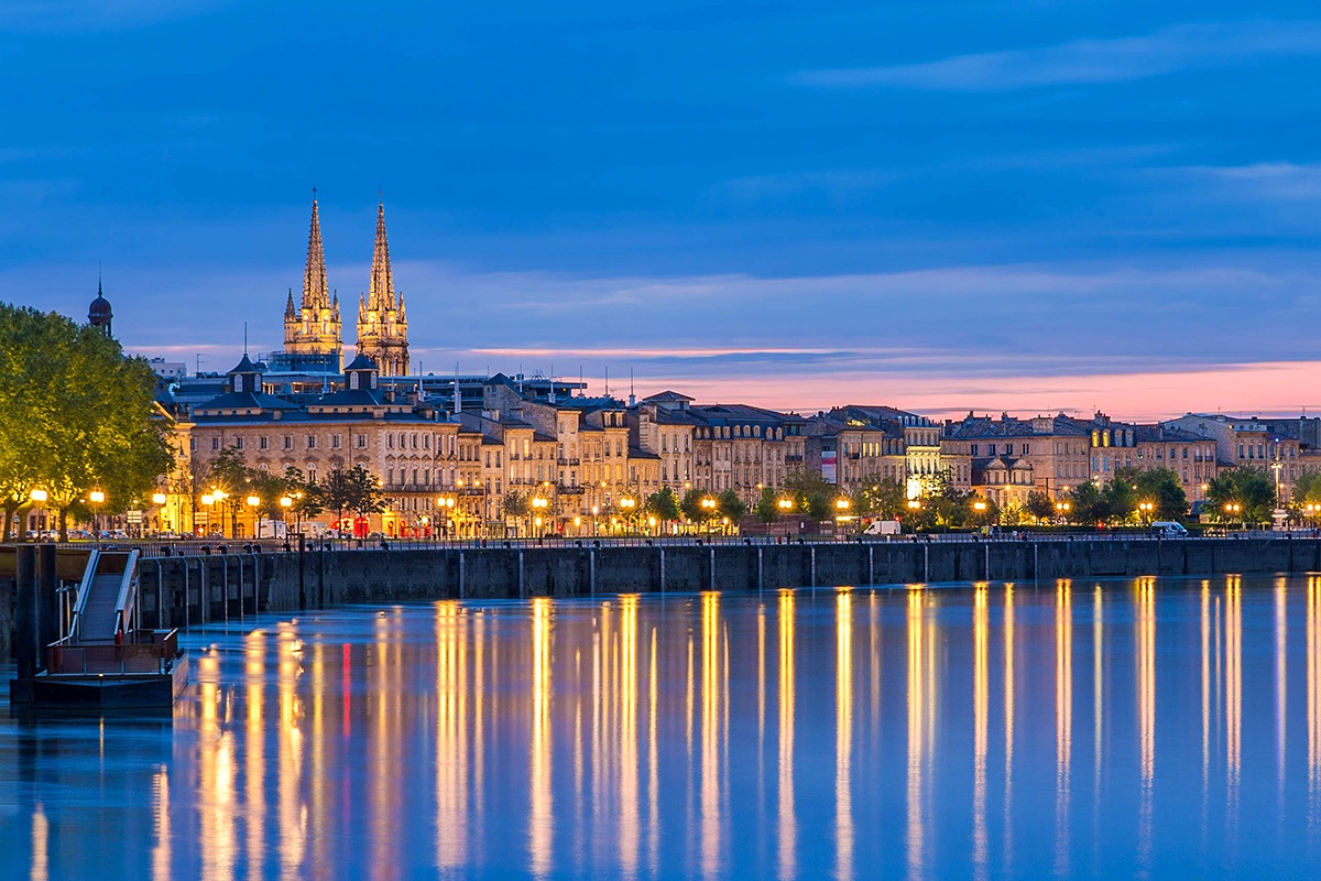 Beautiful evening view of the embankment in the city of Bordeaux, France Beautiful evening view of the embankment in the city of Bordeaux, France