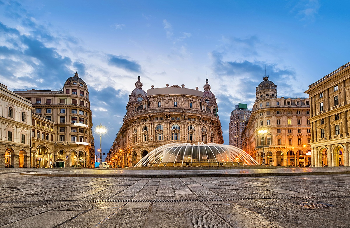 Beautiful view of Piazza De Ferrari at sunset time, Genoa city, Italy Beautiful view of Piazza De Ferrari at sunset time, Genoa city, Italy