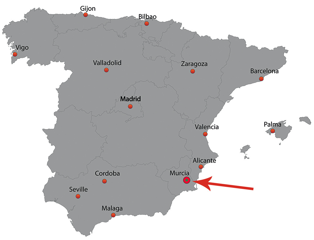 Map of cities in Spain with a pointer to the city of Murcia Map of cities in Spain with a pointer to the city of Murcia