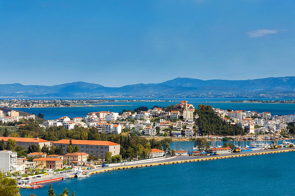 Panoramic view of the buildings, mountains and sea, Island of Euboea, Greece