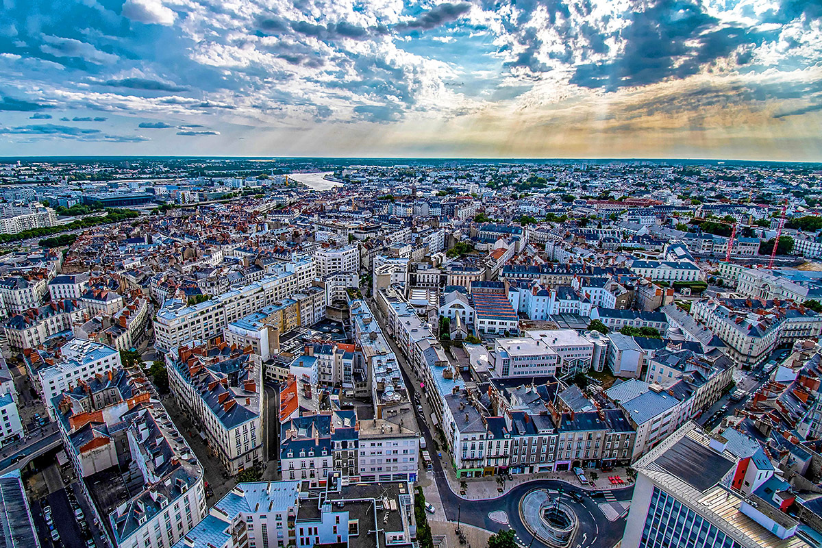 Panoramic aerial view of the city of Nantes at sunset Panoramic aerial view of the city of Nantes at sunset