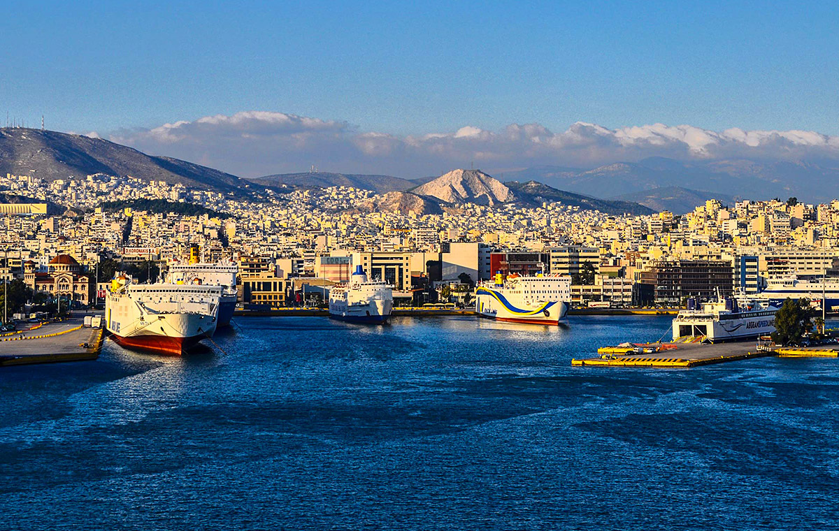 Image of mountain landscape and port, city of Piraeus Image of mountain landscape and port, city of Piraeus