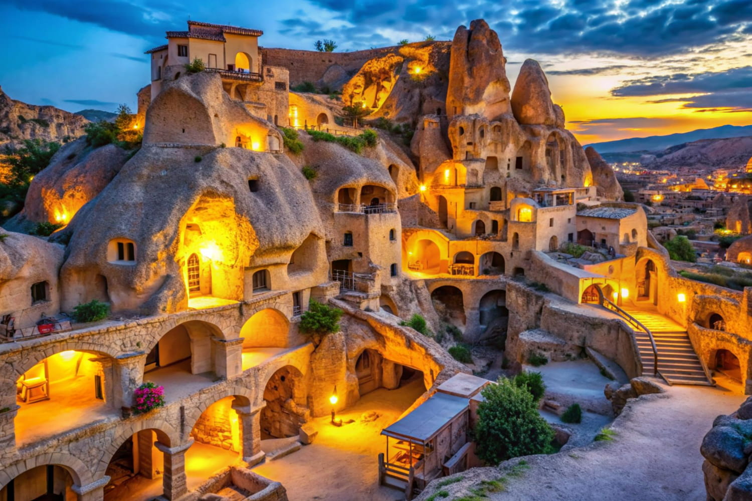 Experience the enchanting beauty of Cappadocia's ancient cave settlements as they glow in the warm embrace of twilight.