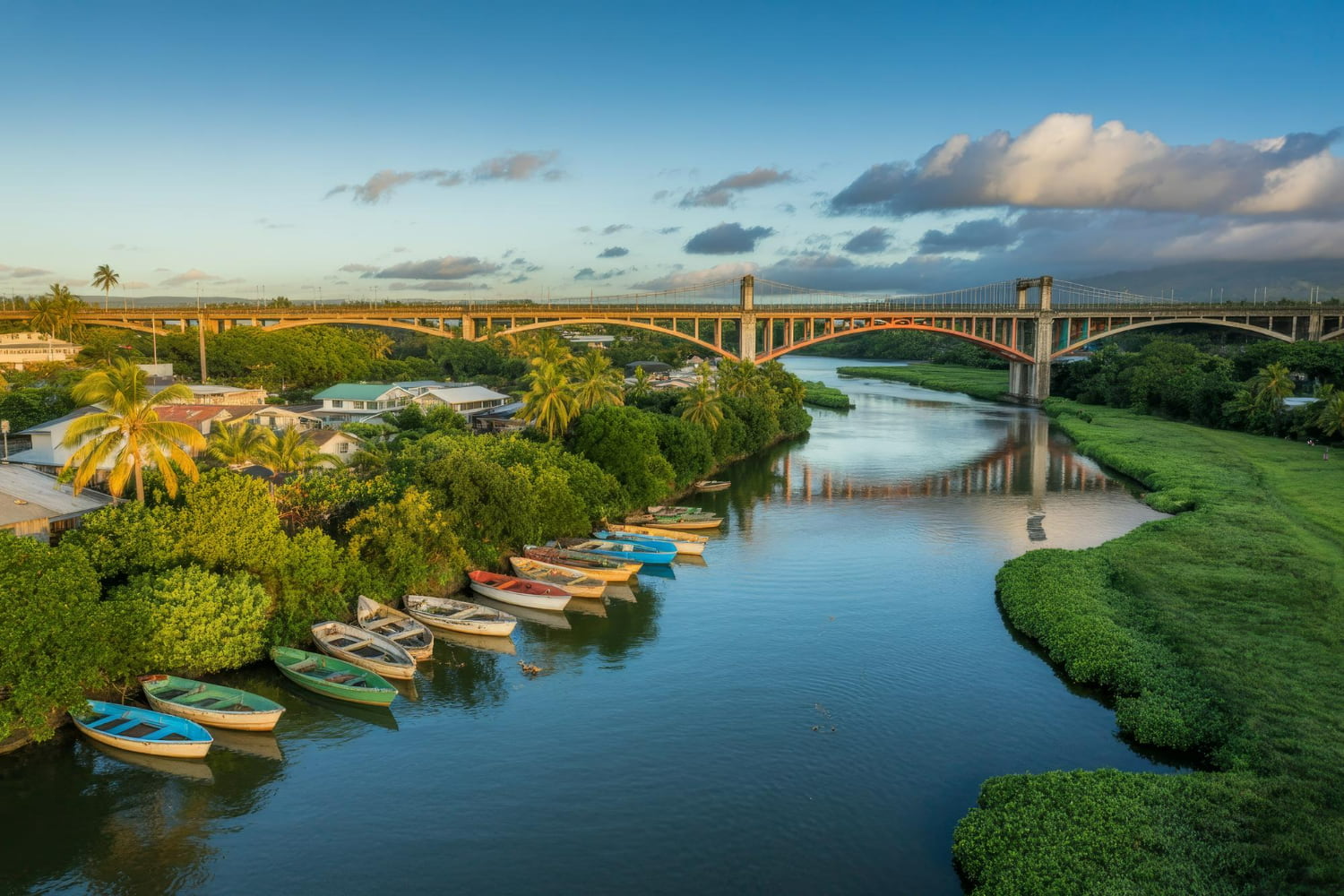 This captivating photograph beautifully captures the intersection of tradition and modern infrastructure in a tropical river community.