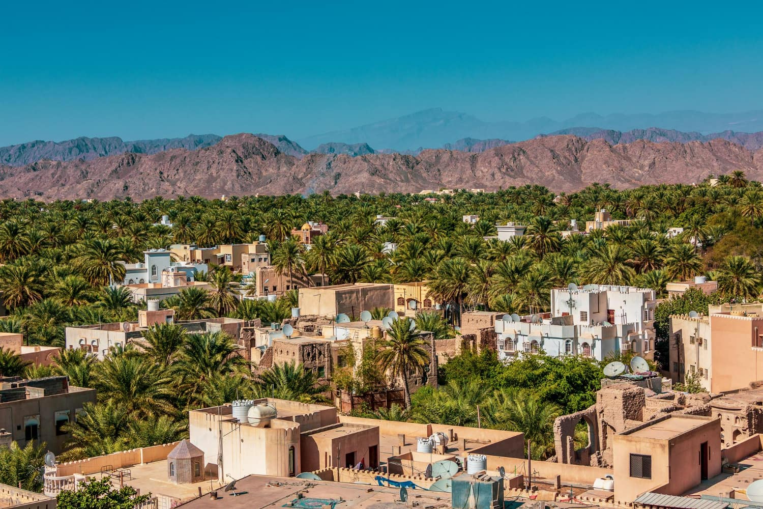 This breathtaking aerial view captures a thriving desert oasis town surrounded by an endless sea.