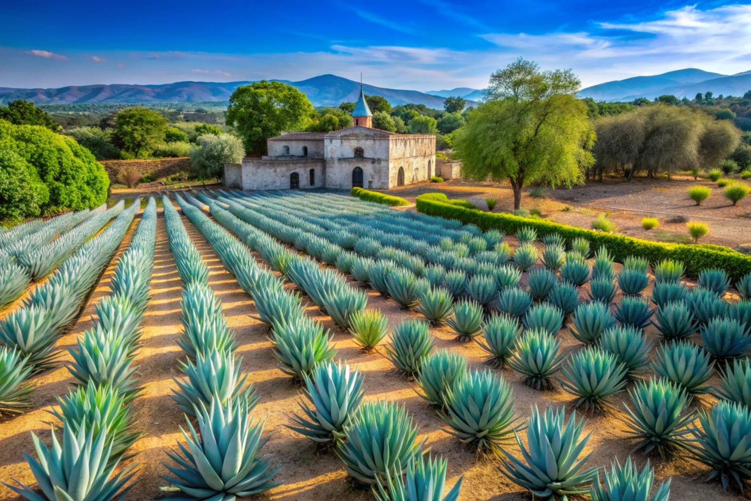 Dominating the middle distance stands a charming colonial-era chapel or hacienda chapel constructed of cream and white stone. Dominating the middle distance stands a charming colonial-era chapel or hacienda chapel constructed of cream and white stone.