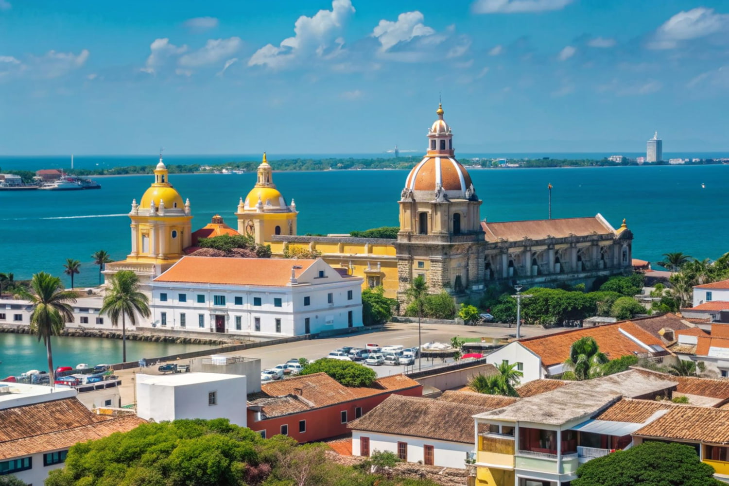 The image captures the stunning blend of historic colonial architecture and natural coastal beauty that makes Cartagena a UNESCO World Heritage site.