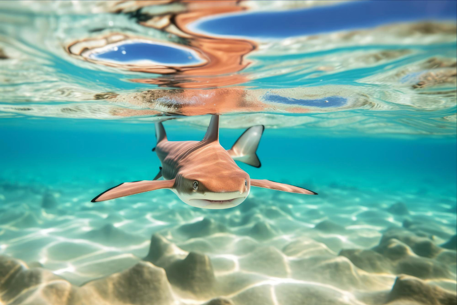This stunning split-view photograph captures a serene underwater moment where a nurse shark glides peacefully through shallow, crystal-clear turquoise waters.