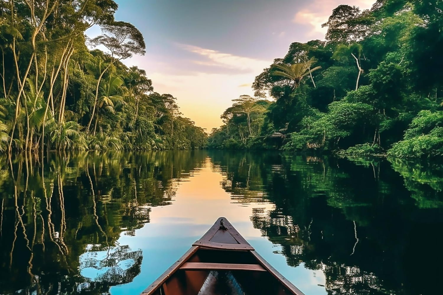 This mesmerizing photograph captures an adventurer's dream perspective—a first-person view from the bow of a boat journeying deep into an untouched tropical wilderness.