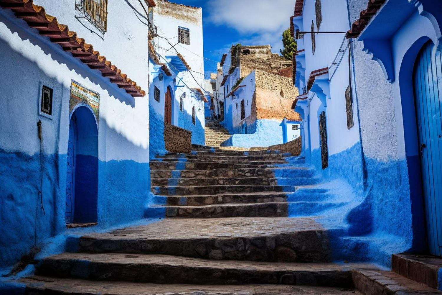 This captivating street-level photograph transports viewers into the magical world of Chefchaouen, capturing an intimate moment within the legendary Blue City.
