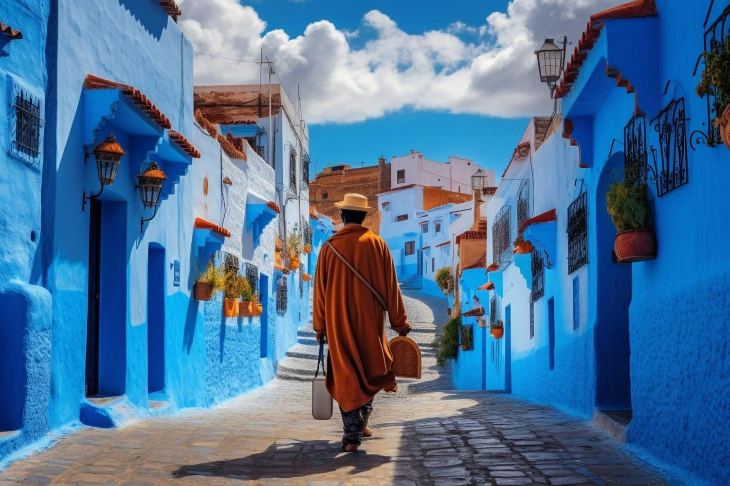 The composition is masterfully framed, with the traveler positioned centrally, inviting viewers to follow their path deeper into this dreamlike world.