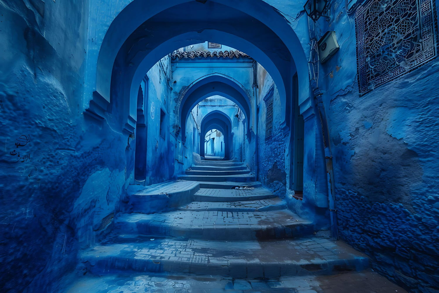 The repetitive arches create a hypnotic tunnel effect, drawing the viewer's eye deeper into an almost dreamlike passage where reality blurs with artistic vision.