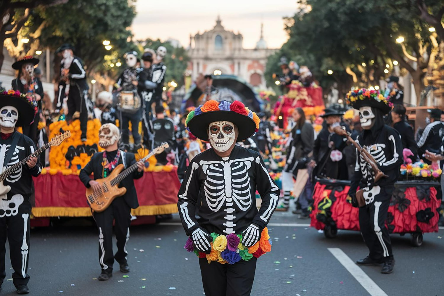 This vibrant photograph captures the magical essence of Mexico's iconic Día de Muertos (Day of the Dead) celebration during a street parade. This vibrant photograph captures the magical essence of Mexico's iconic Día de Muertos (Day of the Dead) celebration during a street parade.