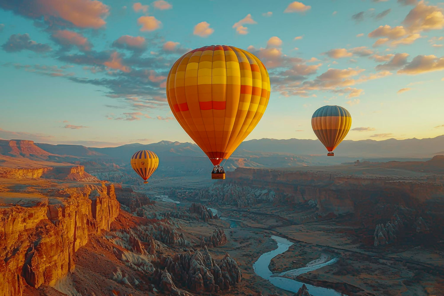 Drift through the sky above one of the world's most breathtaking natural wonders as vibrant hot air balloons float gracefully over Cappadocia's otherworldly terrain.