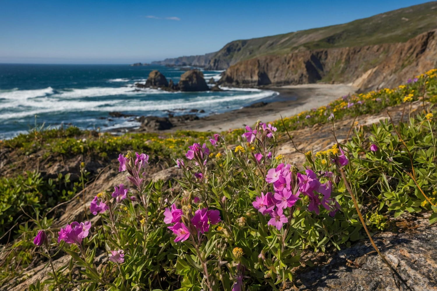 This stunning coastal scene captures the rugged beauty of a dramatic oceanside landscape adorned with vibrant wildflowers.