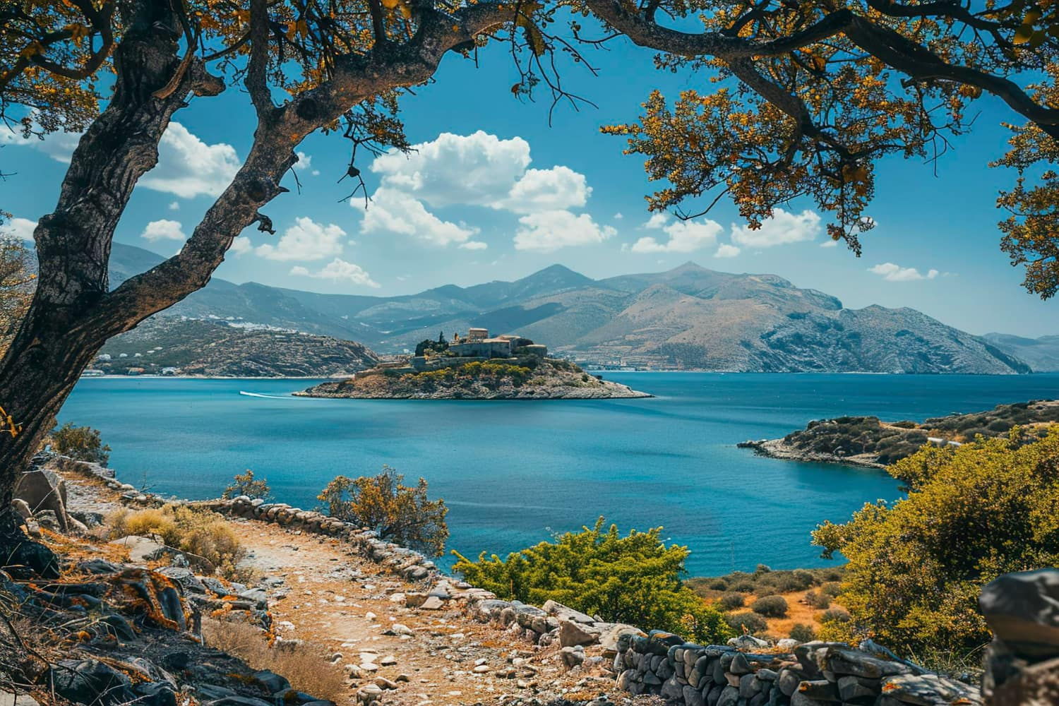 This breathtaking landscape photograph captures the quintessential beauty of a Mediterranean coastal paradise.