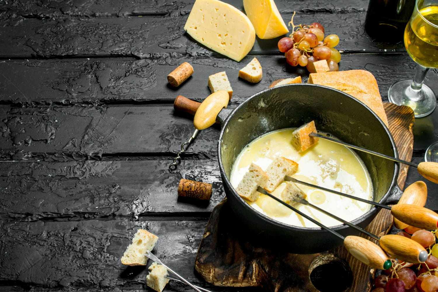 The composition celebrates both the culinary ritual and the communal nature of fondue gatherings.