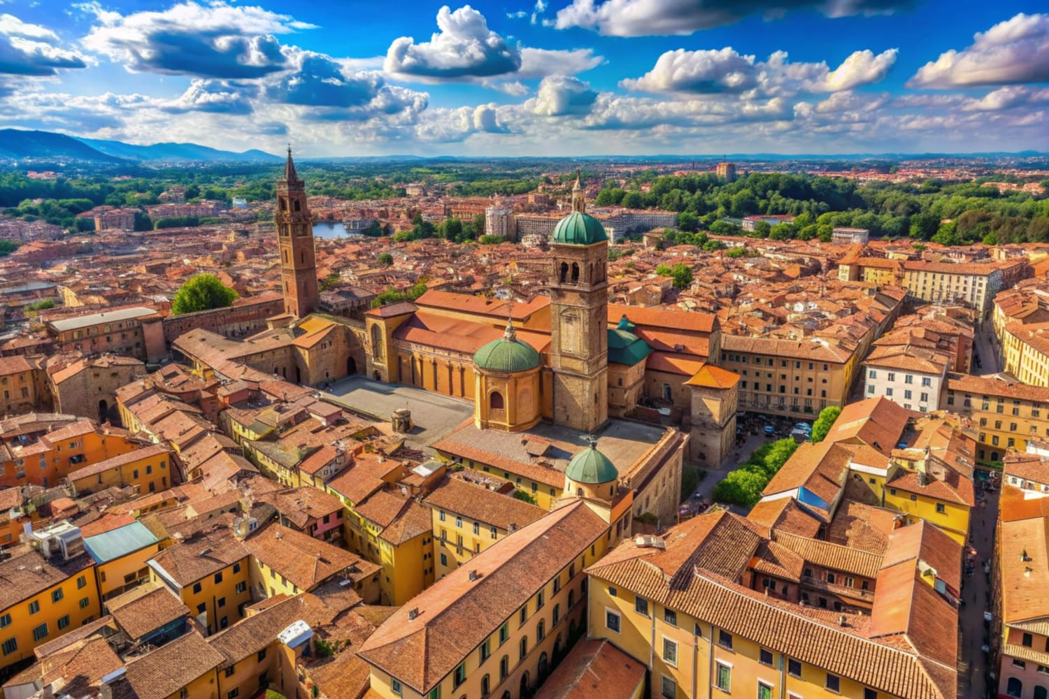 This breathtaking aerial photograph captures the magnificent historic center of Modena, Italy, showcasing one of Northern Italy's most stunning medieval cities.