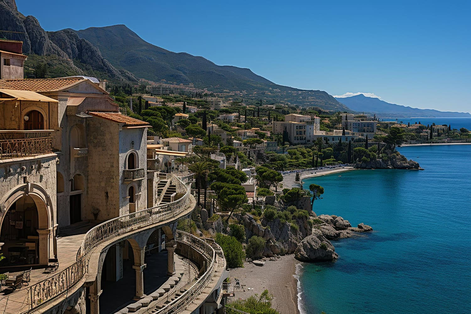 This spectacular architectural and landscape photograph captures the timeless glamour of Mediterranean coastal living.