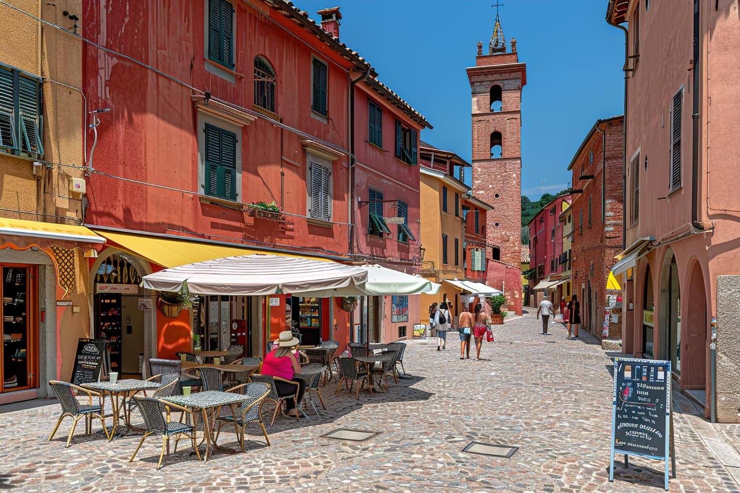 This delightful photograph captures the enchanting heart of a historic Italian medieval town, showcasing the quintessential charm of small-town Italy.
