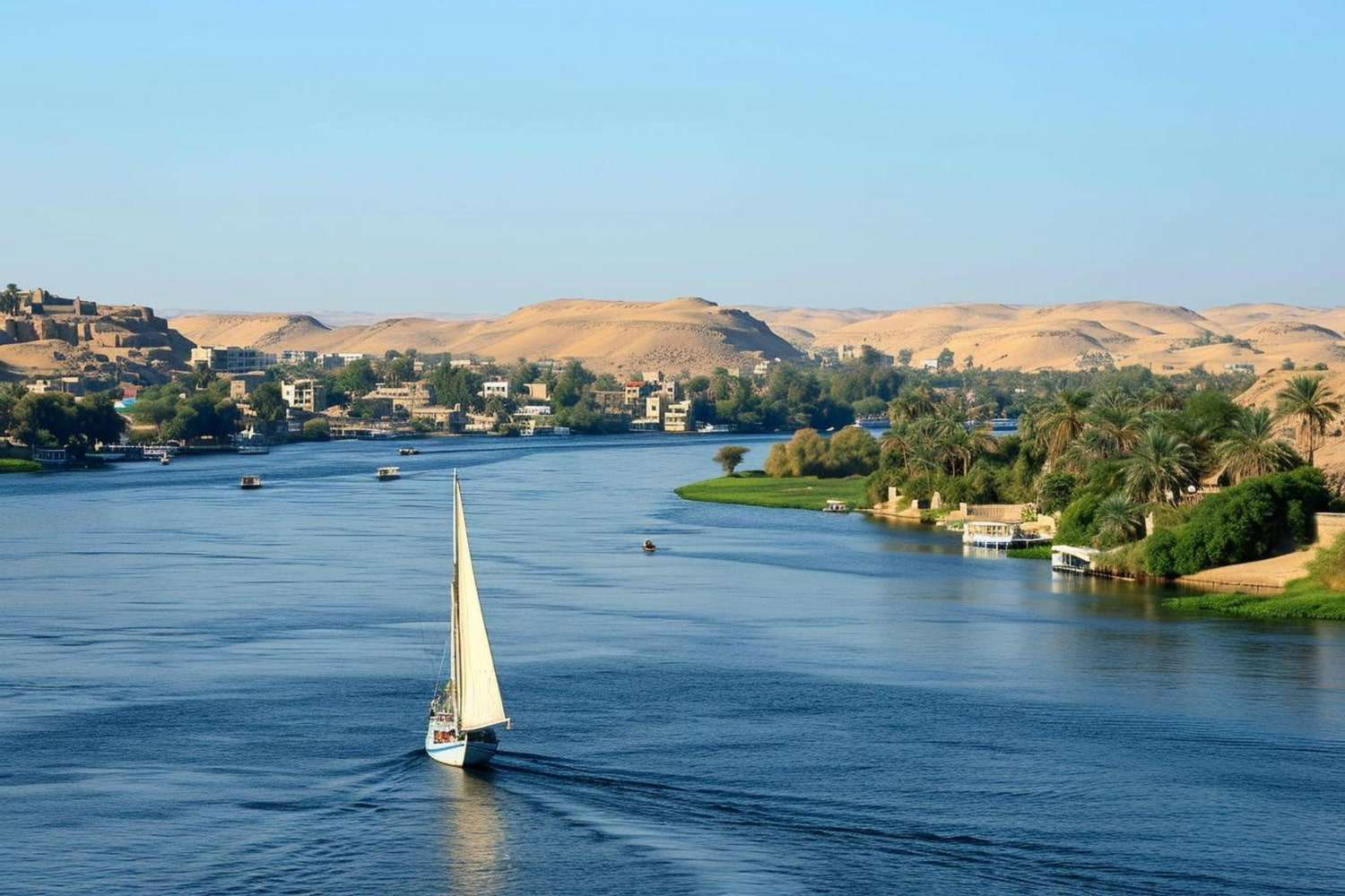 Traditional architecture in warm cream, tan, and ochre tones clusters along both shores, its modest, human-scaled construction reflecting authentic Egyptian riverside life.