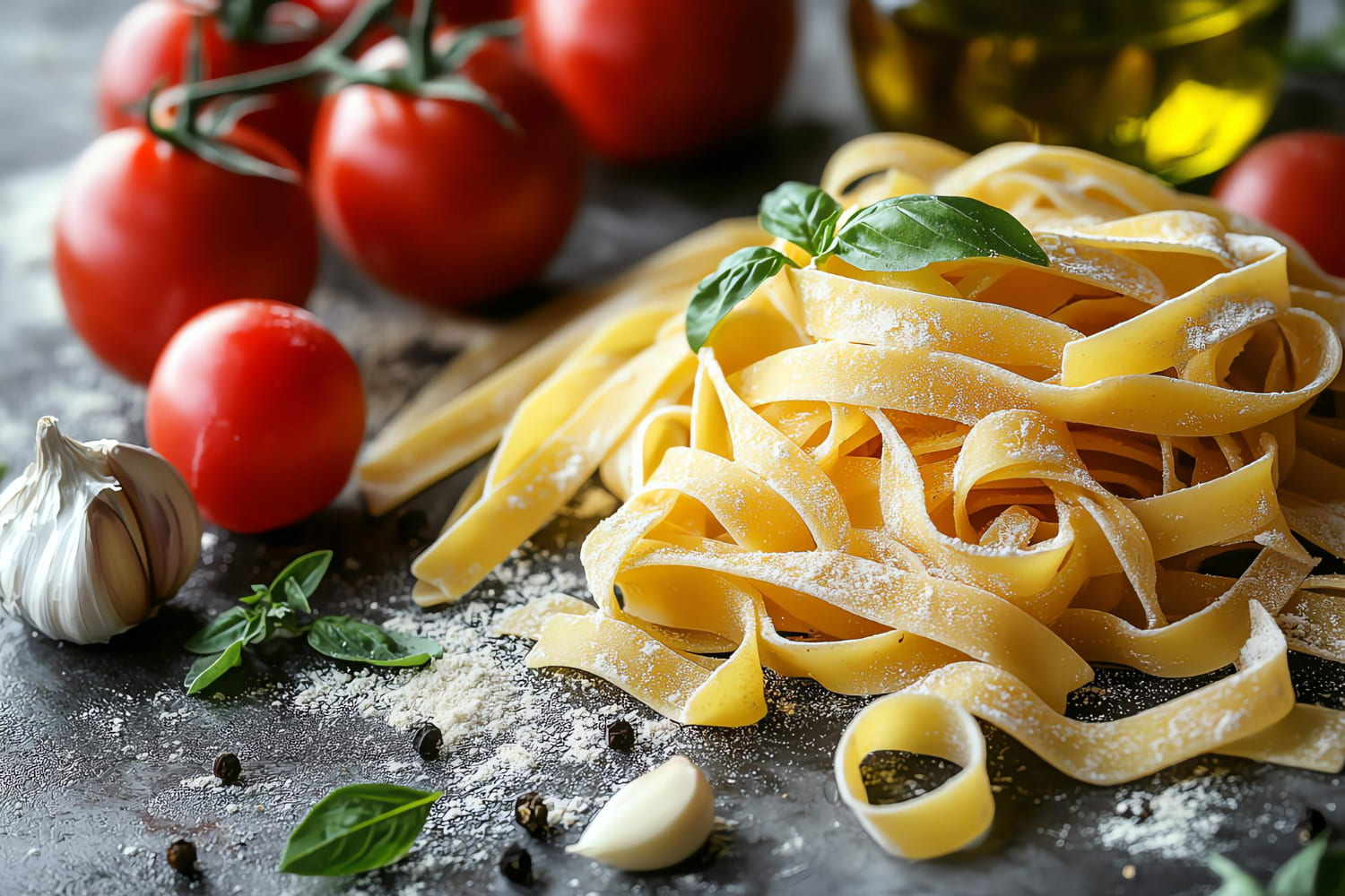 This appetizing food photograph beautifully showcases the essential ingredients of Italian cuisine arranged on a dark slate surface.