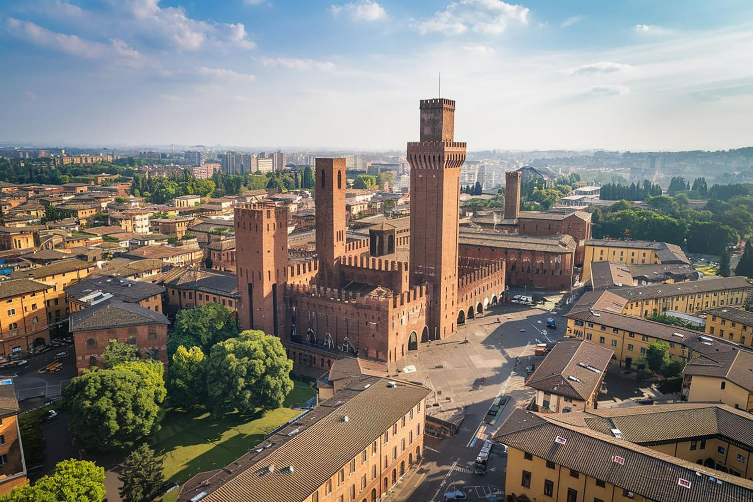 This stunning aerial photograph captures the historic heart of Bologna, Italy.
