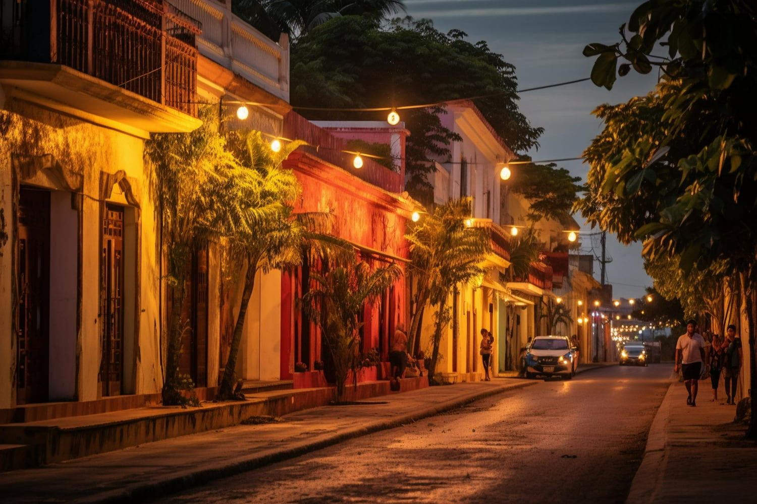 Stroll through a picturesque colonial-era street as the sun sets over this charming historic town.